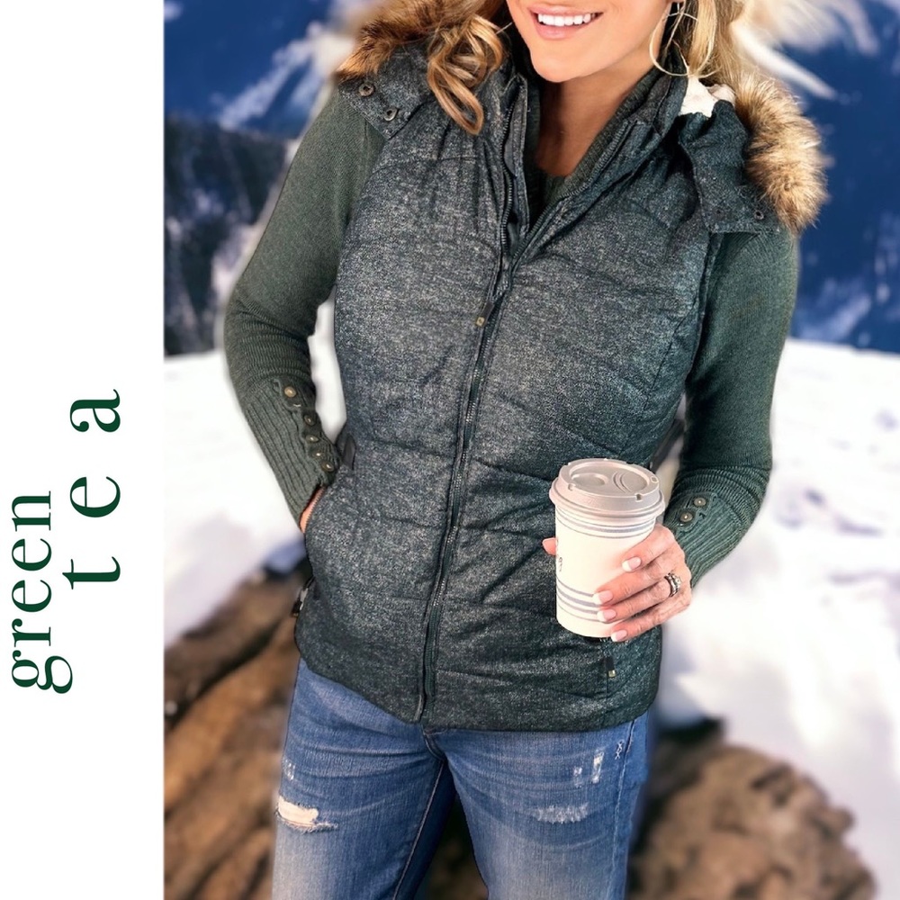 Green Tea Warm & Cozy Vest with Zip-off Faux Fur Hood Small